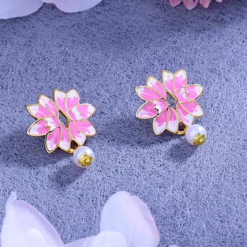 Estele Gold Plated Lotus Designer Pearl Drop Earrings with Pink Enamel for Girl's & Women