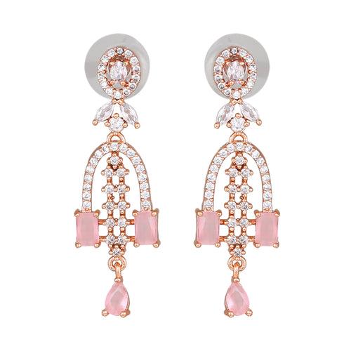 Estele Rose Gold Plated CZ Falling Star Designer Earrings with Mint Pink Stones for Women