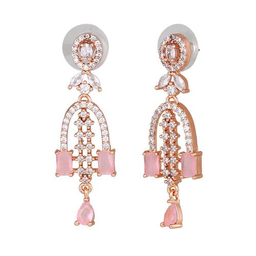 Estele Rose Gold Plated CZ Falling Star Designer Earrings with Mint Pink Stones for Women