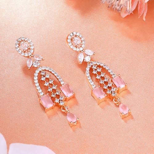 Estele Rose Gold Plated CZ Falling Star Designer Earrings with Mint Pink Stones for Women