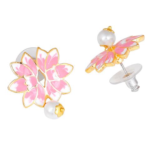 Estele Gold Plated Lotus Designer Pearl Drop Earrings with Pink Enamel for Girl's & Women