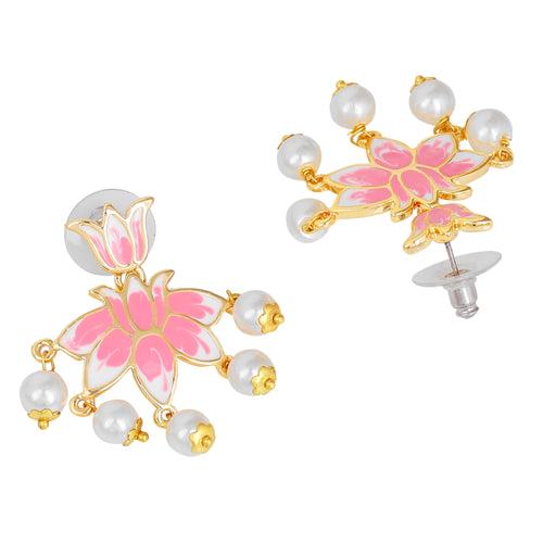 Estele Gold Plated Lotus Designer Dazzling Pearl Drop Earrings with Pink Enamel for Girl's & Women