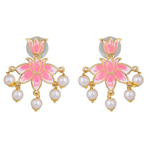 Estele Gold Plated Lotus Designer Dazzling Pearl Drop Earrings with Pink Enamel for Girl's & Women