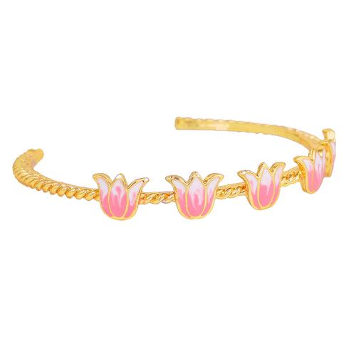 Estele Gold Plated Enchanting Lotus Designer Cuff Bracelet with Pink Enamel for Girl's & Women
