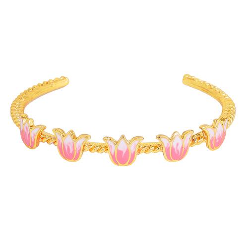 Estele Gold Plated Enchanting Lotus Designer Cuff Bracelet with Pink Enamel for Girl's & Women