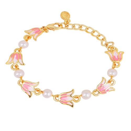 Estele Gold Plated Elegant Lotus Designer Adjustable Link Bracelet with Pearls & Pink Enamel for Girl's & Women