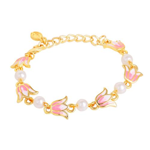 Estele Gold Plated Elegant Lotus Designer Adjustable Link Bracelet with Pearls & Pink Enamel for Girl's & Women