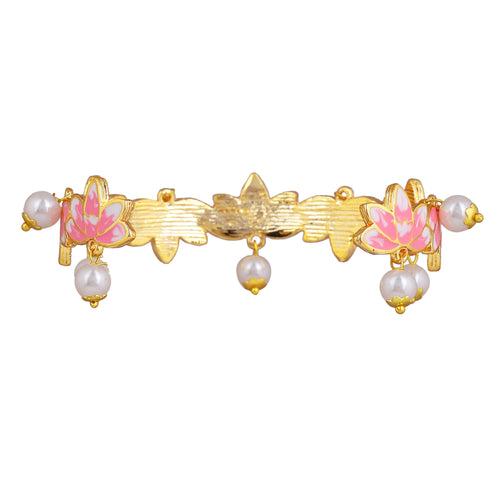 Estele Gold Plated Charismatic Lotus Designer Pearl Drop Cuff Bracelet with Pink Enamel for Girl's & Women
