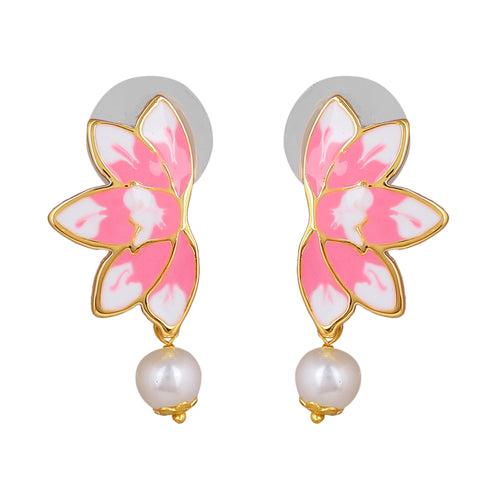 Estele Gold Plated Alluring Lotus Designer Pearl Necklace Set with Pink Enamel for Girl's & Women