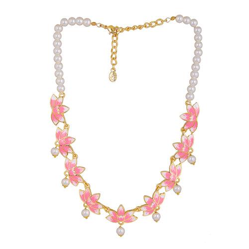 Estele Gold Plated Alluring Lotus Designer Pearl Necklace Set with Pink Enamel for Girl's & Women