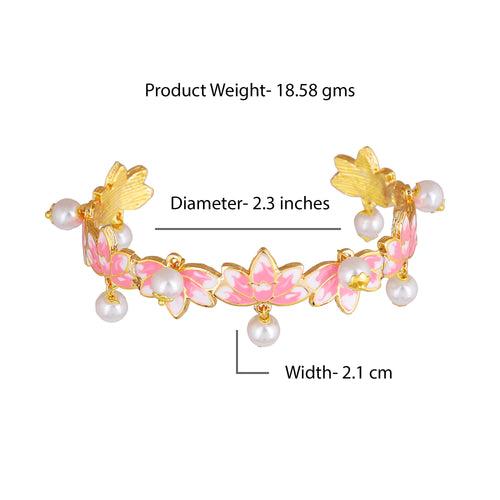 Estele Gold Plated Charismatic Lotus Designer Pearl Drop Cuff Bracelet with Pink Enamel for Girl's & Women