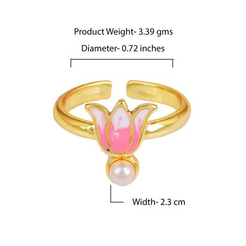Estele Gold Plated Gorgeous Lotus Designer Adjustable Finger Ring with Pearl & Pink Enamel for Girl's & Women