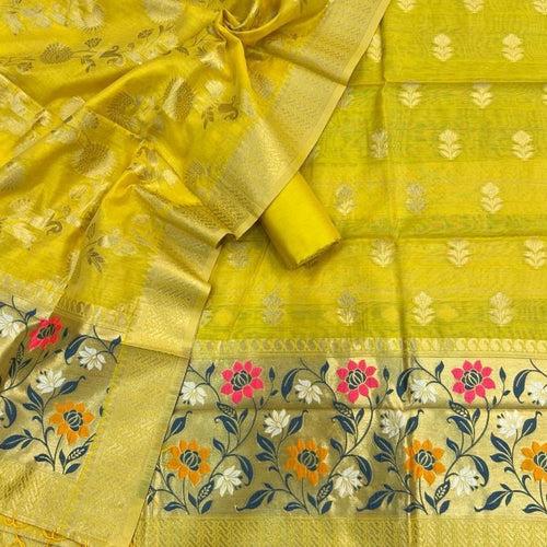 Banarasi Cotton jamdani Handloom Unstitched Suit Material - Red, Yellow, Blue, (Various Colours available)