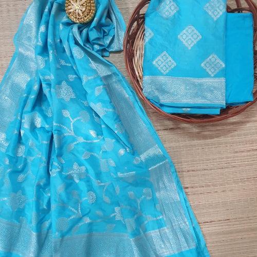 Banarasi Soft Chiffon Dyeable Unstitched Salwar Suit Fabric - Yellow, Grey, Blue, Black, Pink, Rani Pink