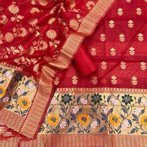 Banarasi Cotton jamdani Handloom Unstitched Suit Material - Red, Yellow, Blue, (Various Colours available)