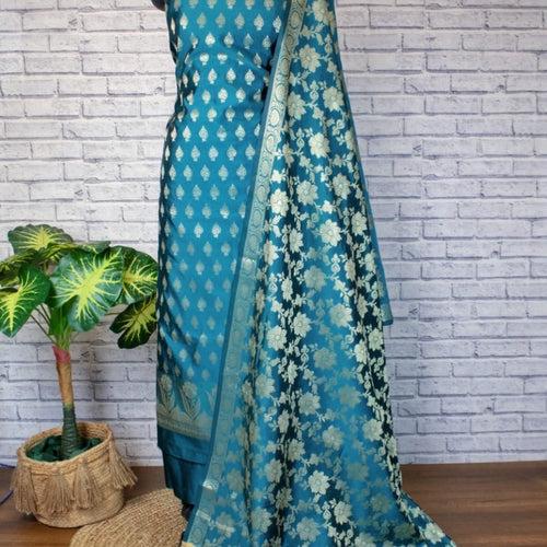 Banarasi Karan Silk Unstitched Suit Material With Woven Jari Dupatta - Red, Blue, Green, Black