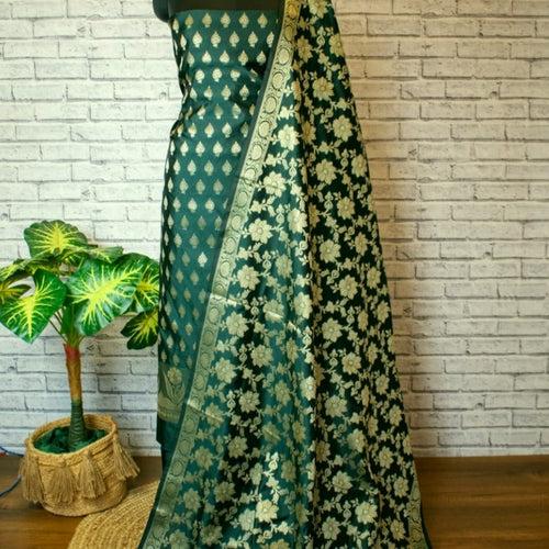 Banarasi Karan Silk Unstitched Suit Material With Woven Jari Dupatta - Red, Blue, Green, Black