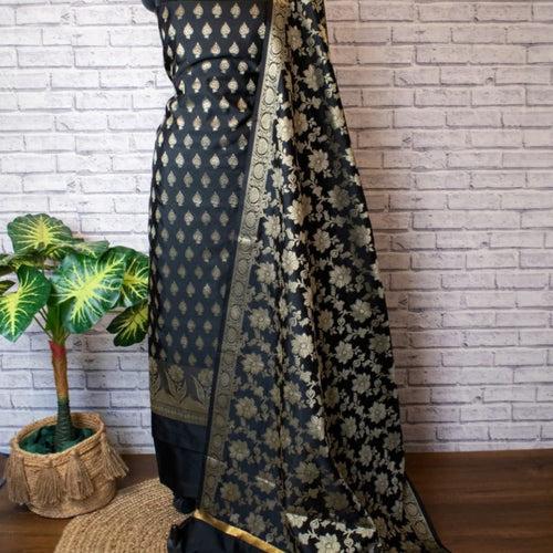 Banarasi Karan Silk Unstitched Suit Material With Woven Jari Dupatta - Red, Blue, Green, Black