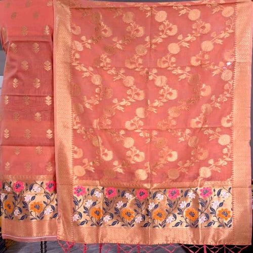 Banarasi Cotton jamdani Handloom Unstitched Suit Material - Red, Yellow, Blue, (Various Colours available)