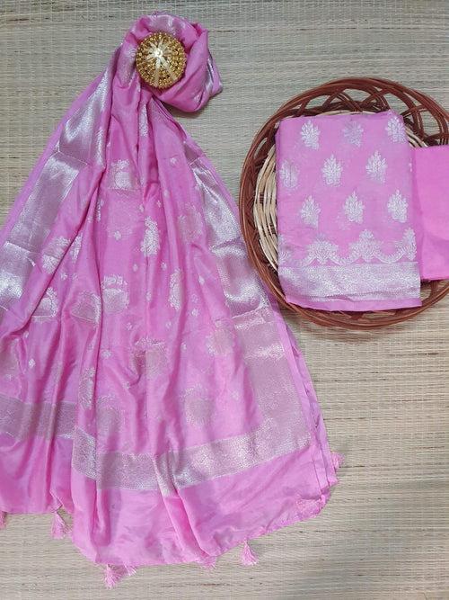 Banarasi Soft Chiffon Dyeable Unstitched Salwar Suit Fabric - Yellow, Grey, Blue, Black, Pink, Rani Pink