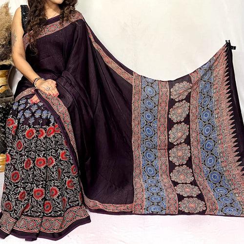 Modal Silk Ajrakh Saree With Natural Dyes - Coffee Brown, Maroon, Red,