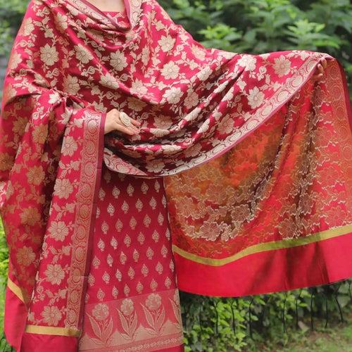 Banarasi Karan Silk Unstitched Suit Material With Woven Jari Dupatta - Red, Blue, Green, Black