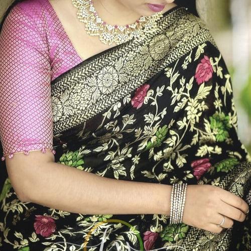 Banarasi Warm Silk Dyeable Tilfie Weave  Saree - Light Blue, Black, Yellow, Pink