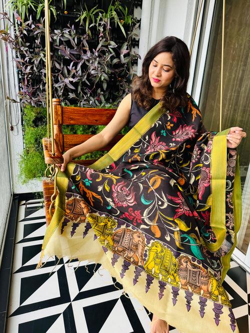 Pen Kalamkari Hand Painted Chinoor Silk Dupatta - Black with Green border