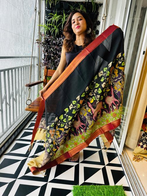 Pen Kalamkari Hand Painted Chinoor Silk Dupatta - Black with Red border