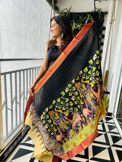 Pen Kalamkari Hand Painted Chinoor Silk Dupatta - Black with Red border