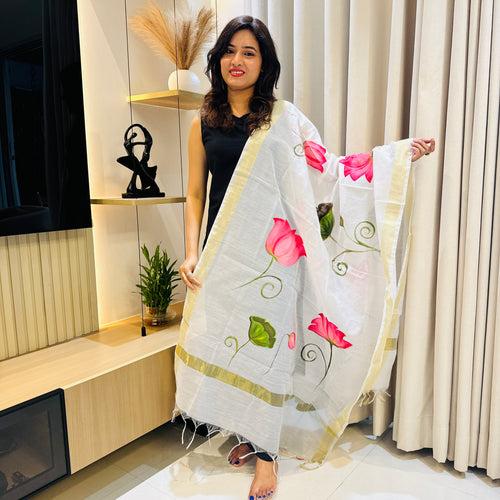 Hand-painted Cotton Silk Dupatta - White with Pink Flowers