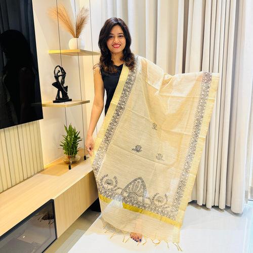 Madhubani Hand-painted Cotton Silk Dupatta - Beige