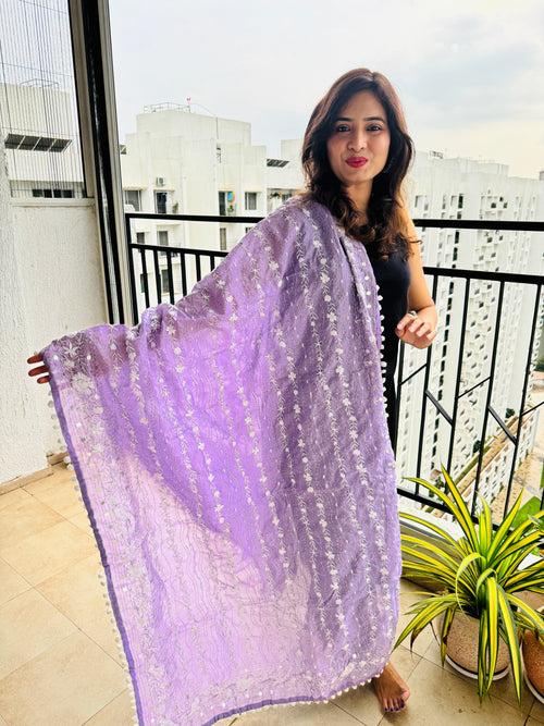 Hand-Embroidered Chanderi Dupatta with Pompom - Lavendar