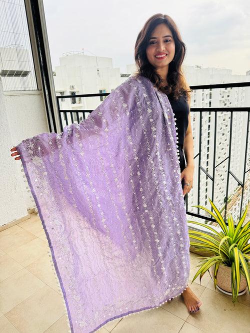 Hand-Embroidered Chanderi Dupatta with Pompom - Lavendar