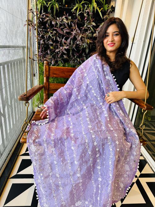 Hand-Embroidered Chanderi Dupatta with Pompom - Lavendar