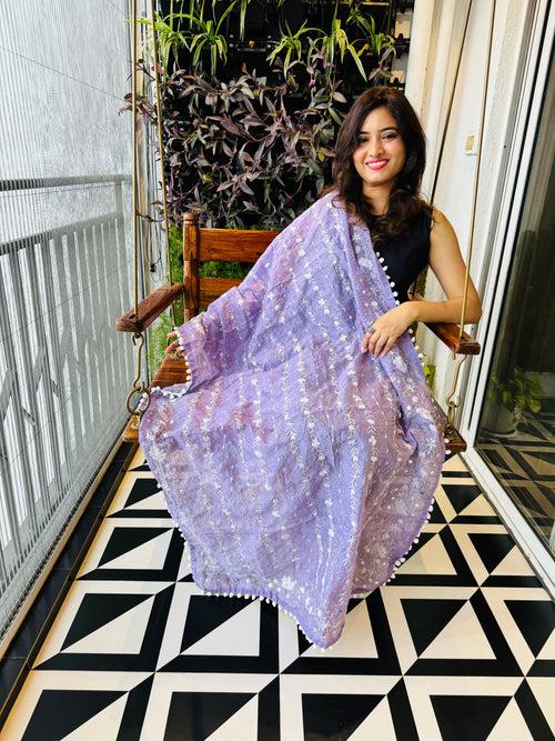 Hand-Embroidered Chanderi Dupatta with Pompom - Lavendar