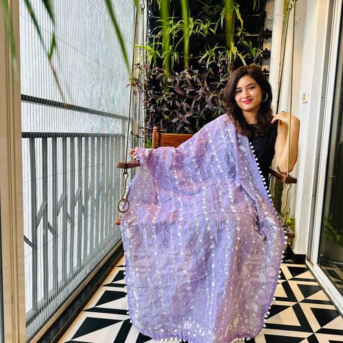 Hand-Embroidered Chanderi Dupatta with Pompom - Lavendar