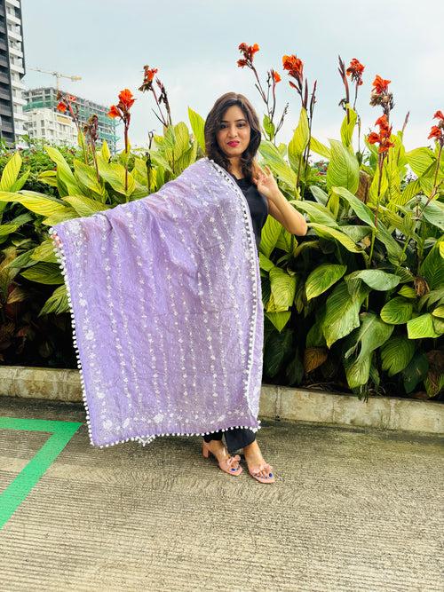 Hand-Embroidered Chanderi Dupatta with Pompom - Lavendar