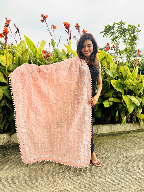 Hand-Embroidered Chanderi Dupatta with Pompom - Peach