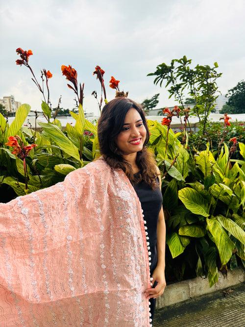 Hand-Embroidered Chanderi Dupatta with Pompom - Peach