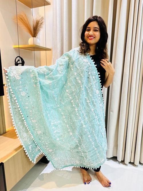 Hand-Embroidered Chanderi Dupatta with Pompom - Sea Blue