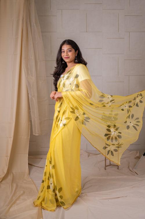 Hand-Painted chiffon Saree - Yellow