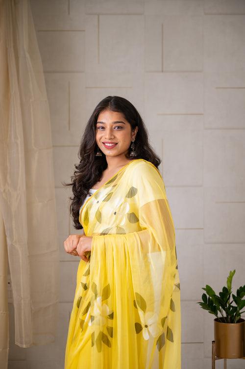 Hand-Painted chiffon Saree - Yellow