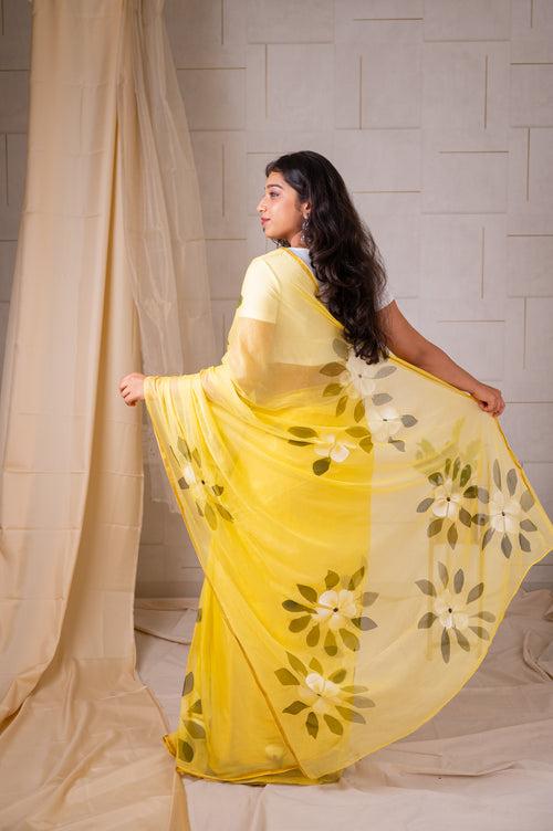 Hand-Painted chiffon Saree - Yellow