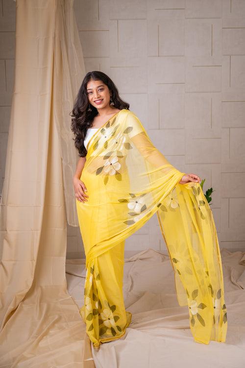 Hand-Painted chiffon Saree - Yellow