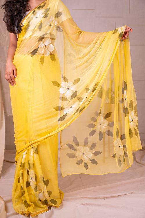 Hand-Painted chiffon Saree - Yellow