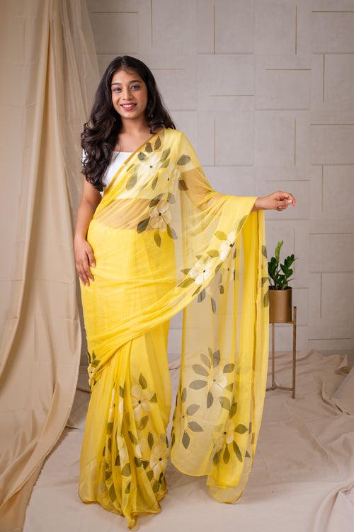 Hand-Painted chiffon Saree - Yellow