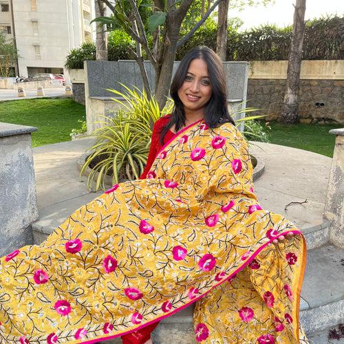 Hand Embroidered Chanderi Dupatta - Golden Yellow With Floral Motifs