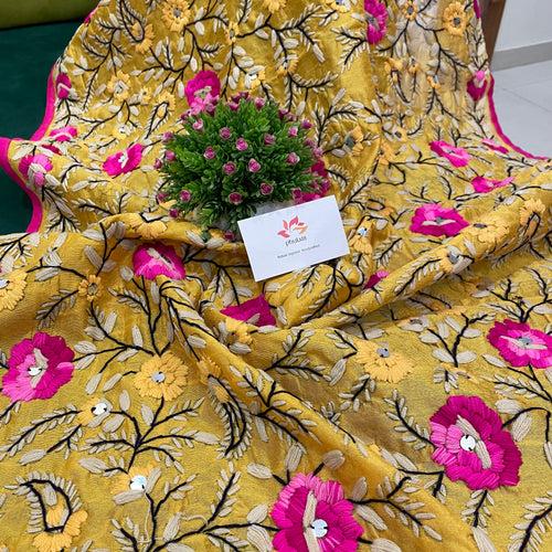 Hand Embroidered Chanderi Dupatta - Golden Yellow With Floral Motifs