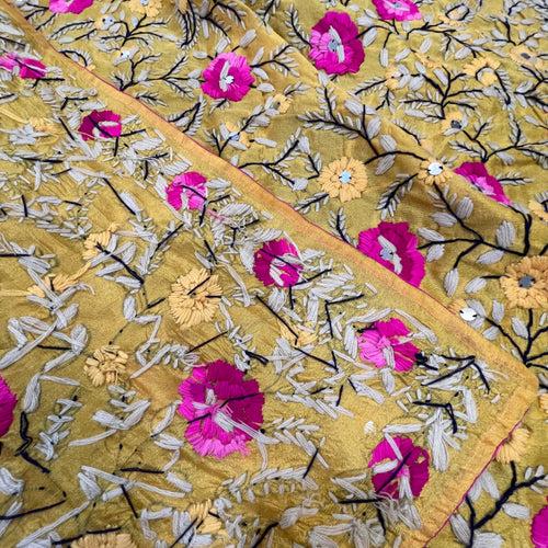 Hand Embroidered Chanderi Dupatta - Golden Yellow With Floral Motifs